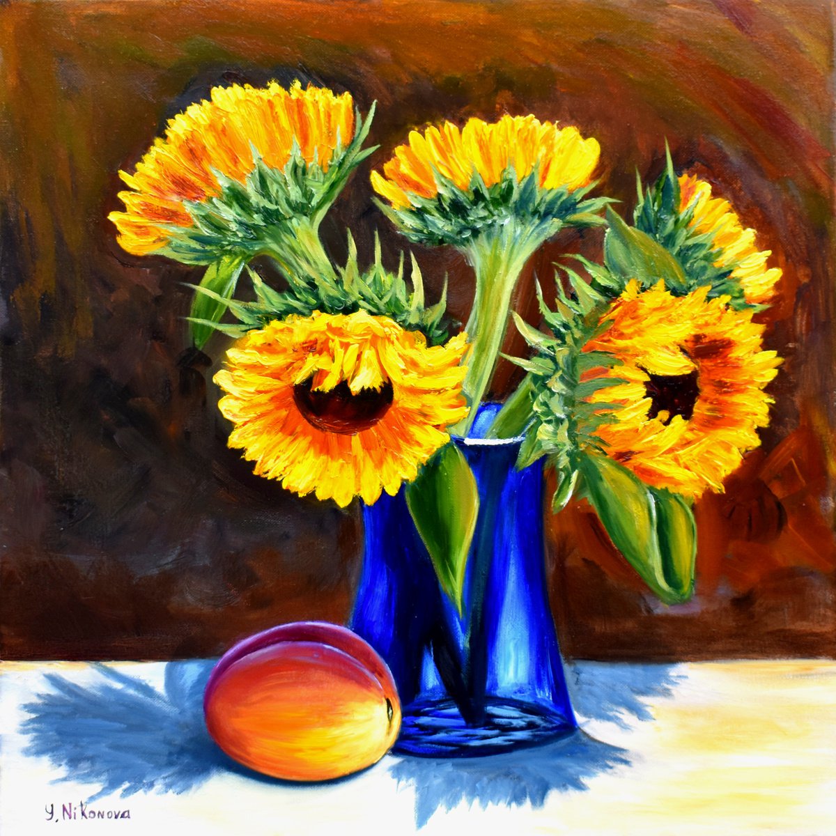 Sunflowers in Blue Vase by Yulia Nikonova