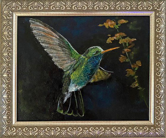Astonishing Hovering Hummingbird Original Oil Painting 8x10 framed