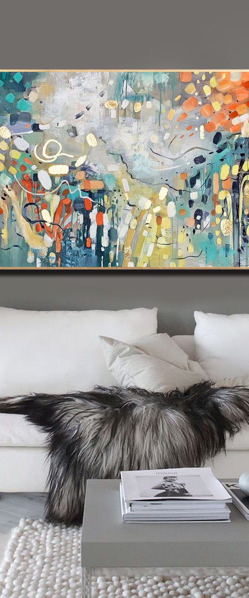Rebirth - Abstract Painting 60" x 30" Large Abstract Gold Leaf Soft Colors White Gray Painting by Lana Guise