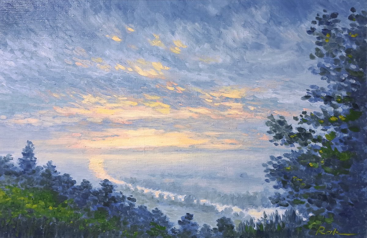 Impressionistic Landscape Oil Painting By Oleh Rak, 24 X 16", Fog On The River, Original Artwork