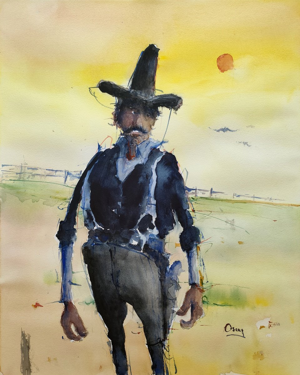 Cartoon Portrait Watercolour By Oscar Alvarez Pardo, 16 X 20", Bad Cowboy, Original Artwork