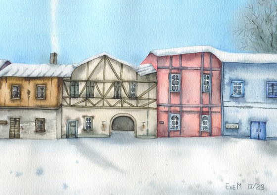 Medieval city. Winter cityscape. Original watercolor.