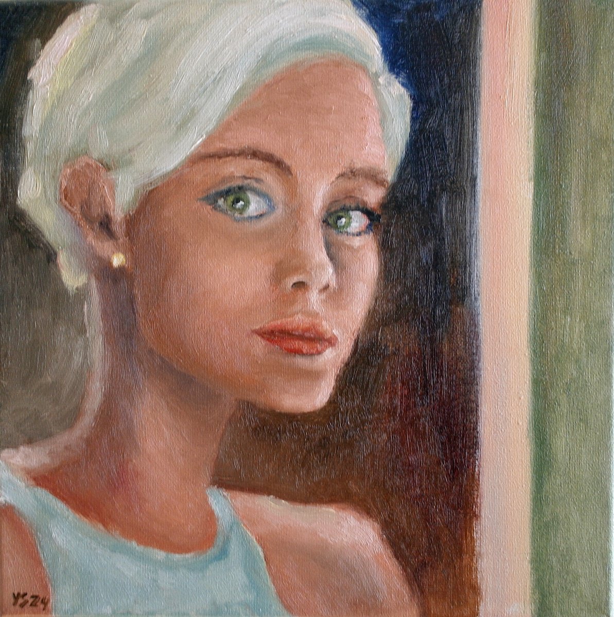 Expressive Portrait Oil Painting By Juri Semjonov, 12 X 12", Green Eyes, Original Artwork