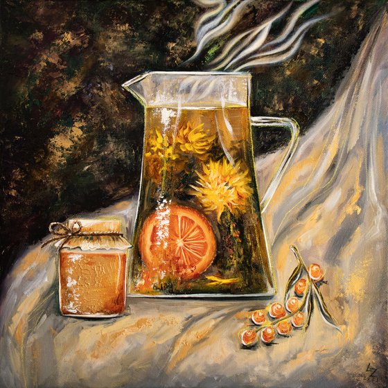 Autumn mood | 30*30 cm | Still life with tea, honey, and sea-buckthorn