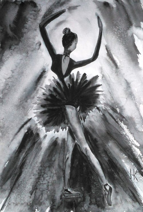 Ballet original black and white watercolor painting by Halyna Kirichenko