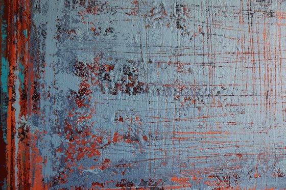 BRITTLE CONNECTION - 120 x 120 CM - TEXTURED ACRYLIC PAINTING ON CANVAS - TERRACOTTA * BLUE