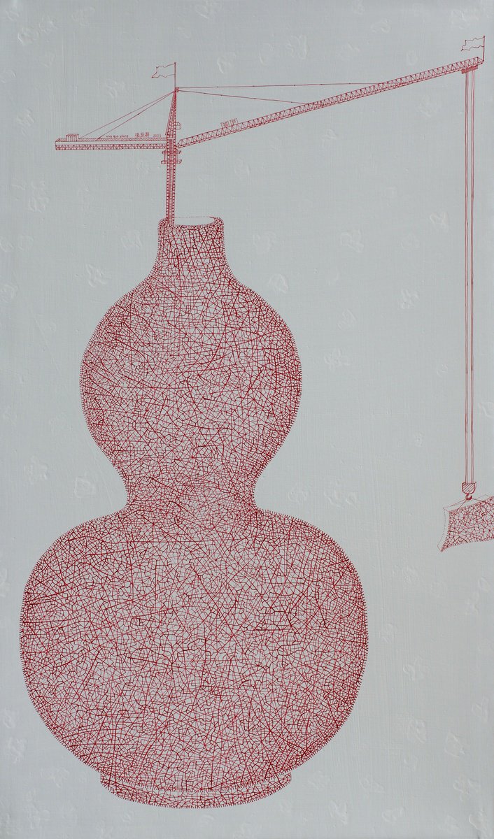 Illustrative Landscape Acrylic Painting By Tingqun Zhang, 37 X 63", Gourd, Original Artwork