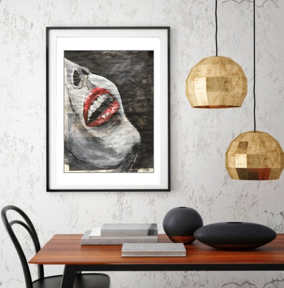 Lips Study I Red Lips Mouth Open Woman Face Portrait Original Artwork Realistic Lips Black and White Art For Sale Buy Art Now Free Delivery 36x27cm Newspaper Painting