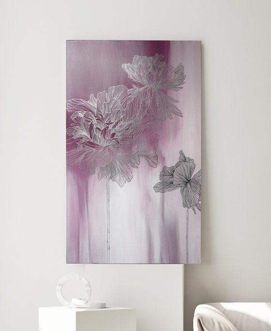 "Pink Thinness 2" Silver flowers abstract art