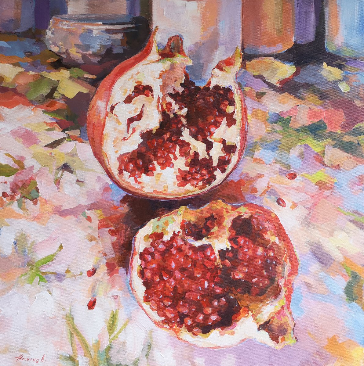 Pomegranate, original, one of a kind, impressionistic style still life painting (20x20x2