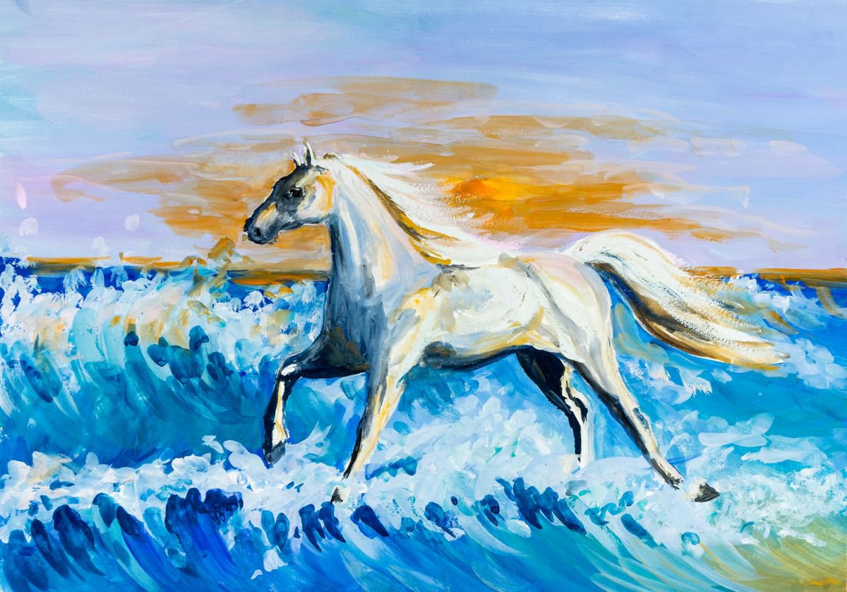 Animal Painting By Galyna Shevchencko, 16 X 12, White Horse, Original Artwork