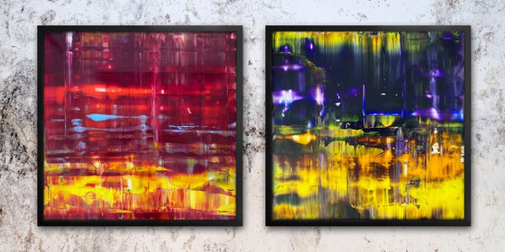 "The Bold And The Beautiful" - Save As A Series - Original PMS Abstract Diptych Oil Paintings On Plexiglass, Framed - 52" x 26"