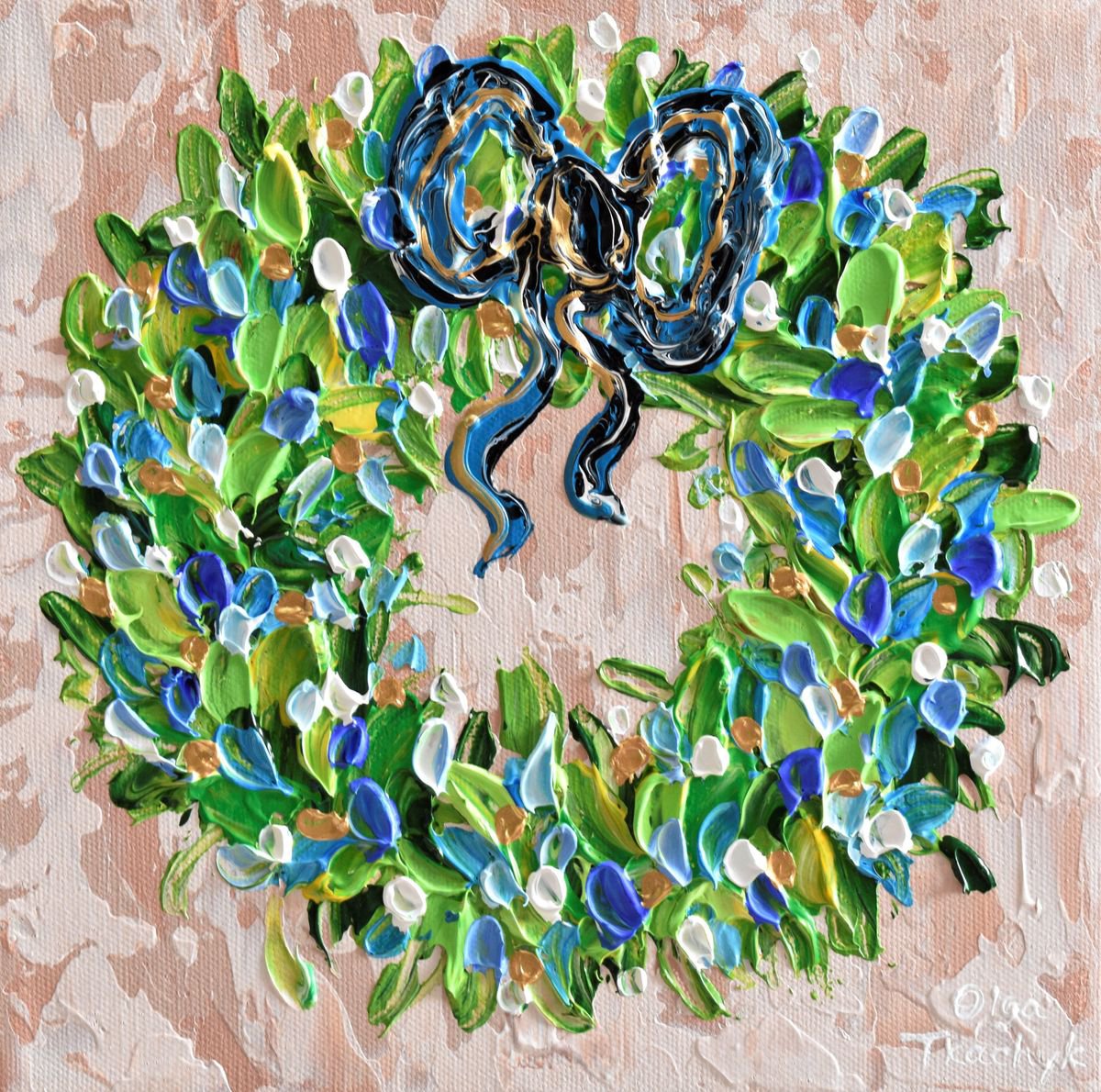 Christmas Wreath With Blue Ribbon by Olga Tkachyk