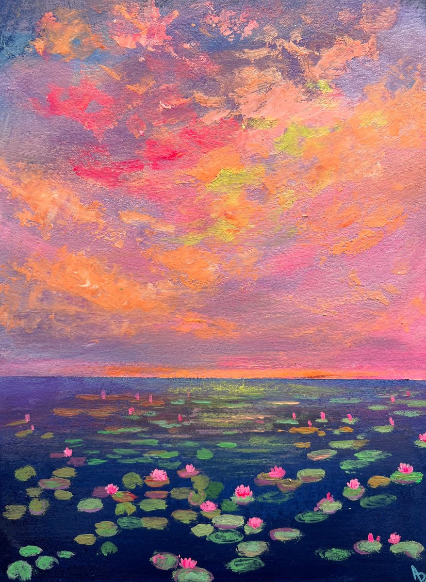  Water Lilies At Dusk - I By Amita Dand, 9 X 12, Artwork For Sale On Artfinder