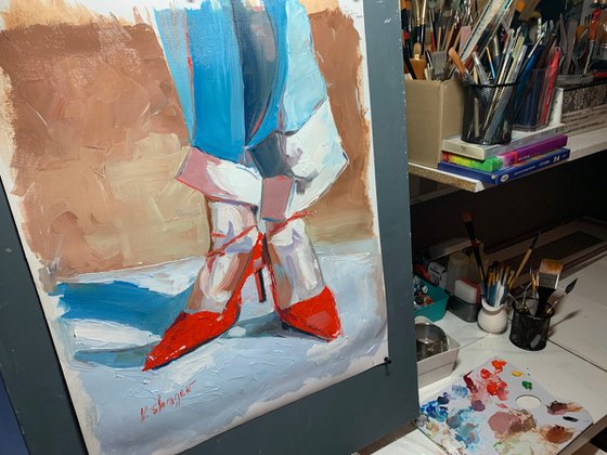 On red heels.