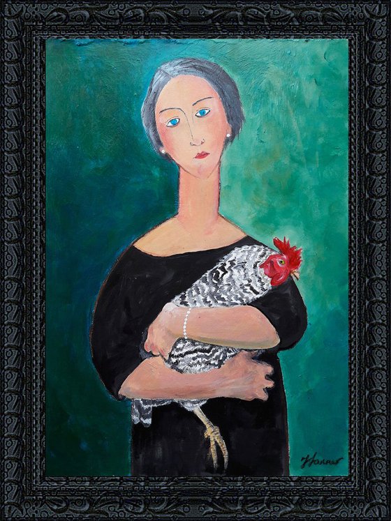 Grey haired Woman with Chicken