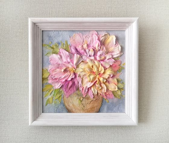 Blush pink and yellow peony bouquet sculpture painting