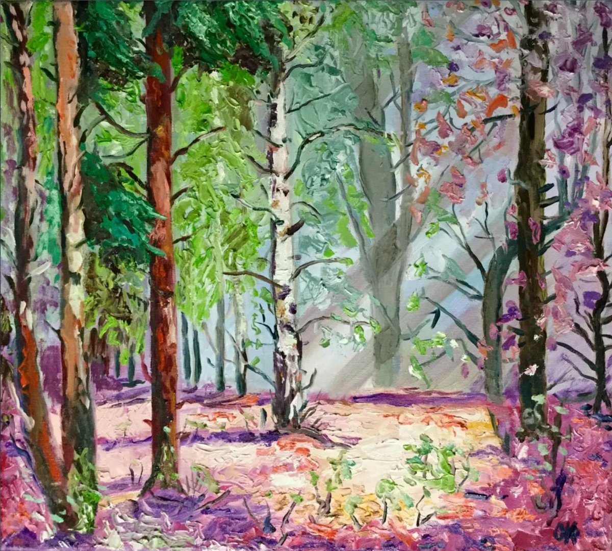 Impressionistic Landscape Oil Painting By Olga Koval, 20 X 18", Forest In The Morning, Original Artwork
