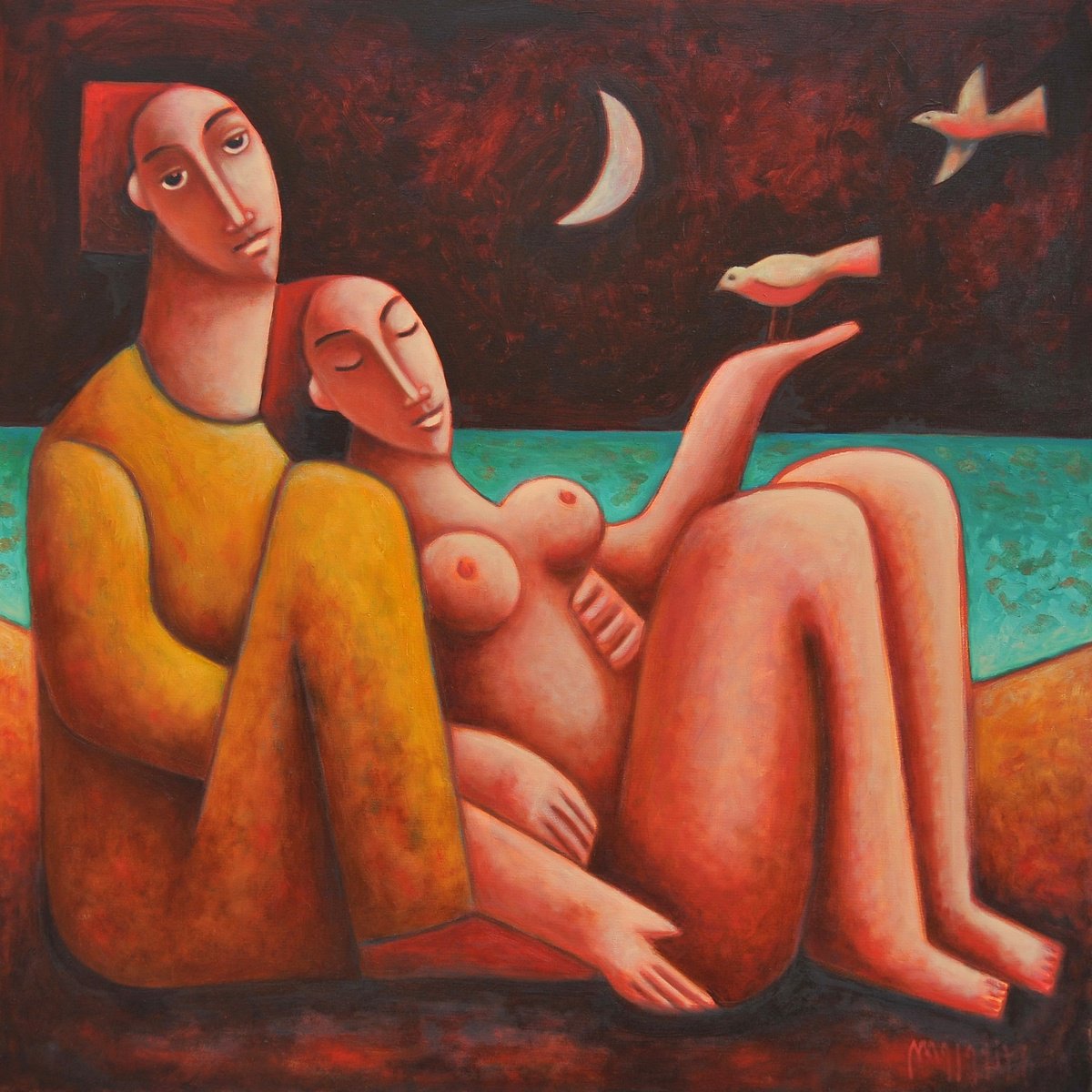 Surrealistic Portrait Oil Painting By Malasits Zsolt, 39 X 39", Never Ending Love, Original Artwork