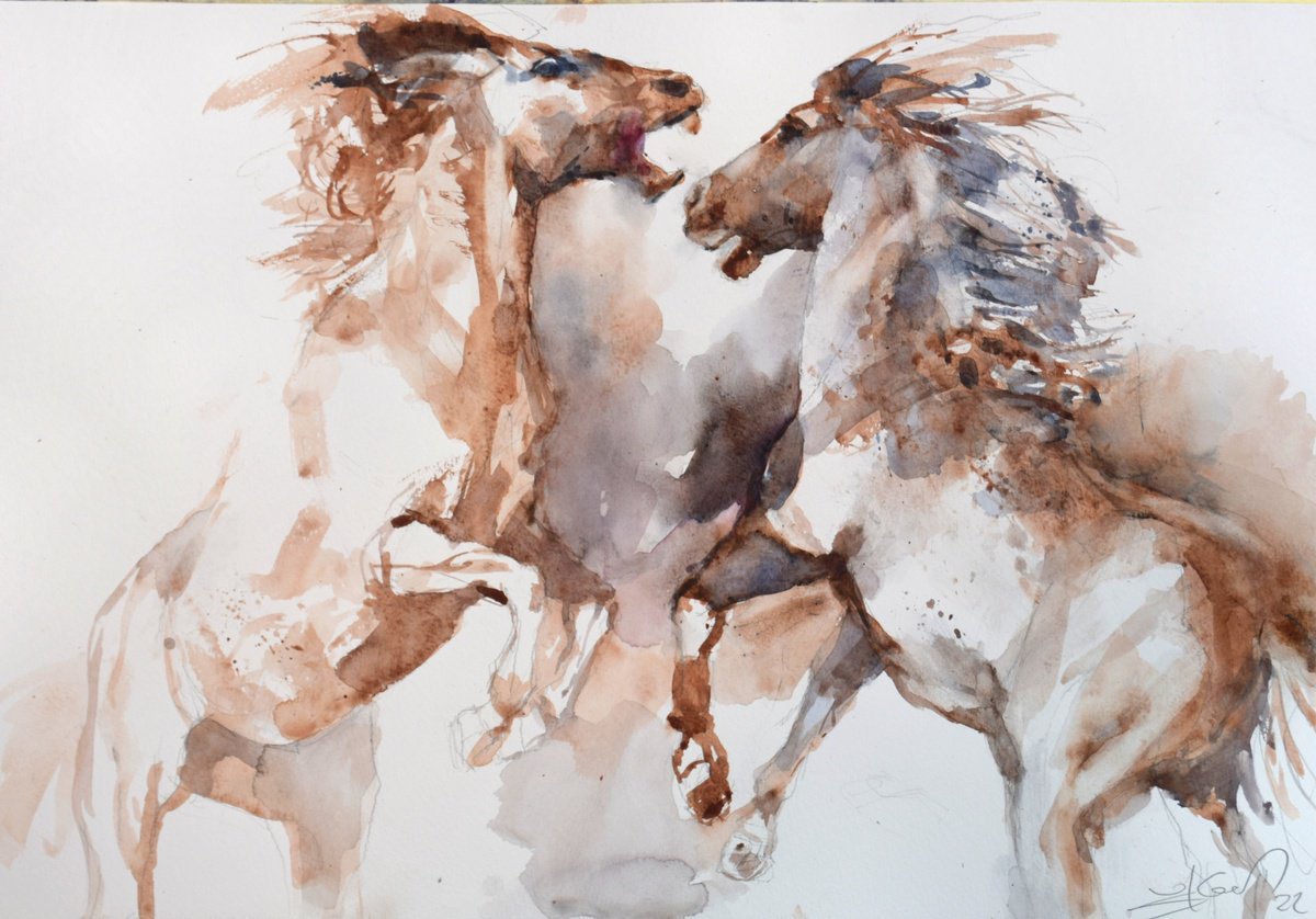 Expressive Animal Watercolour By Goran Zigolic Watercolors, 20 X 14, Wild Horses, Original Artwork