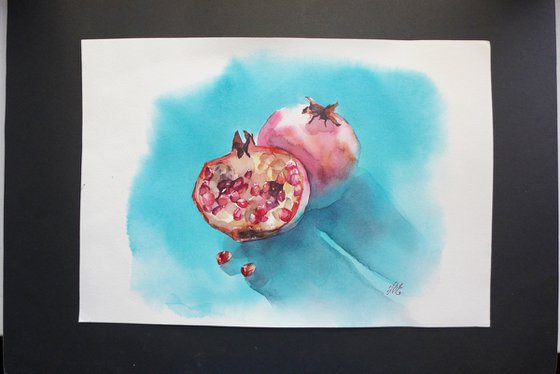 Pomegranate on blue Watercolor fruits for kitchen