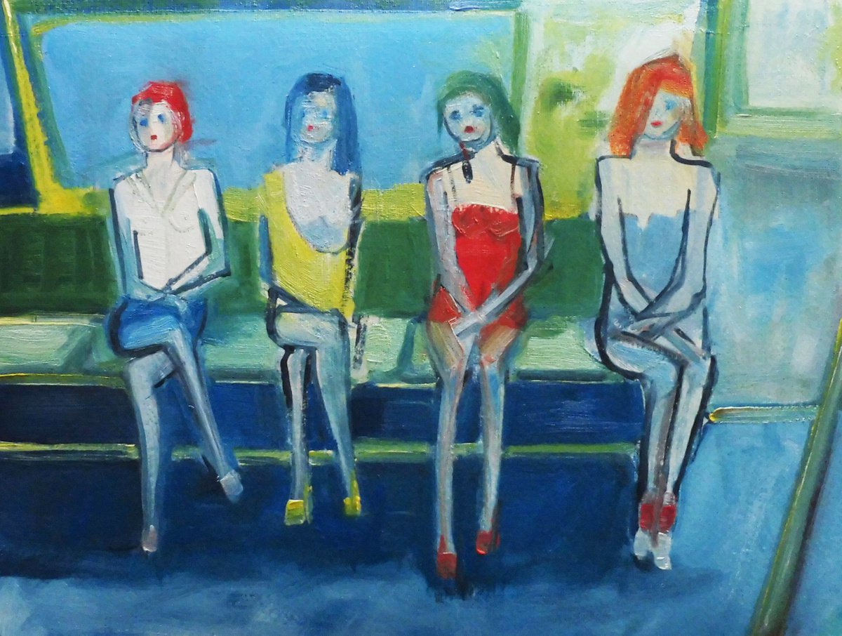 GIRLS FOURSOME CITY TRAVEL. Original Female Figurative Oil Painting. Varnished. by Tim Taylor