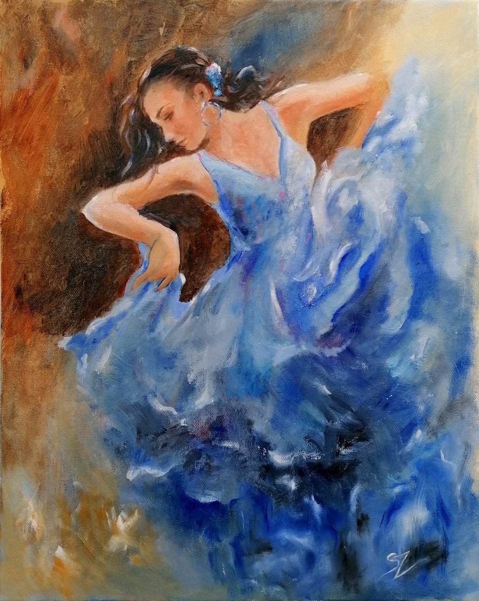 Impressionistic Portrait Oil Painting By Susana Z. Harris, 16 X 20", Flamenco Dancer 65, Original Artwork
