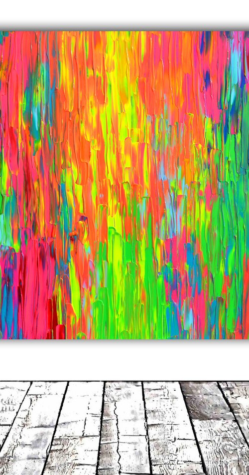 Happy Gypsy Girl Dancing Around the Fire - Large Colorful Palette Knife Relief Abstract Painting by Soos Tiberiu