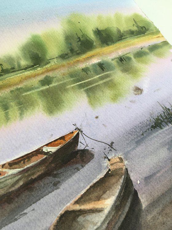 Let's fish original watercolor painting medium size with river and boats in violet colors