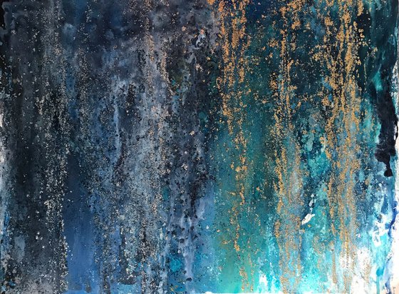 Waterfall blue turquoise gold abstract oil  painting