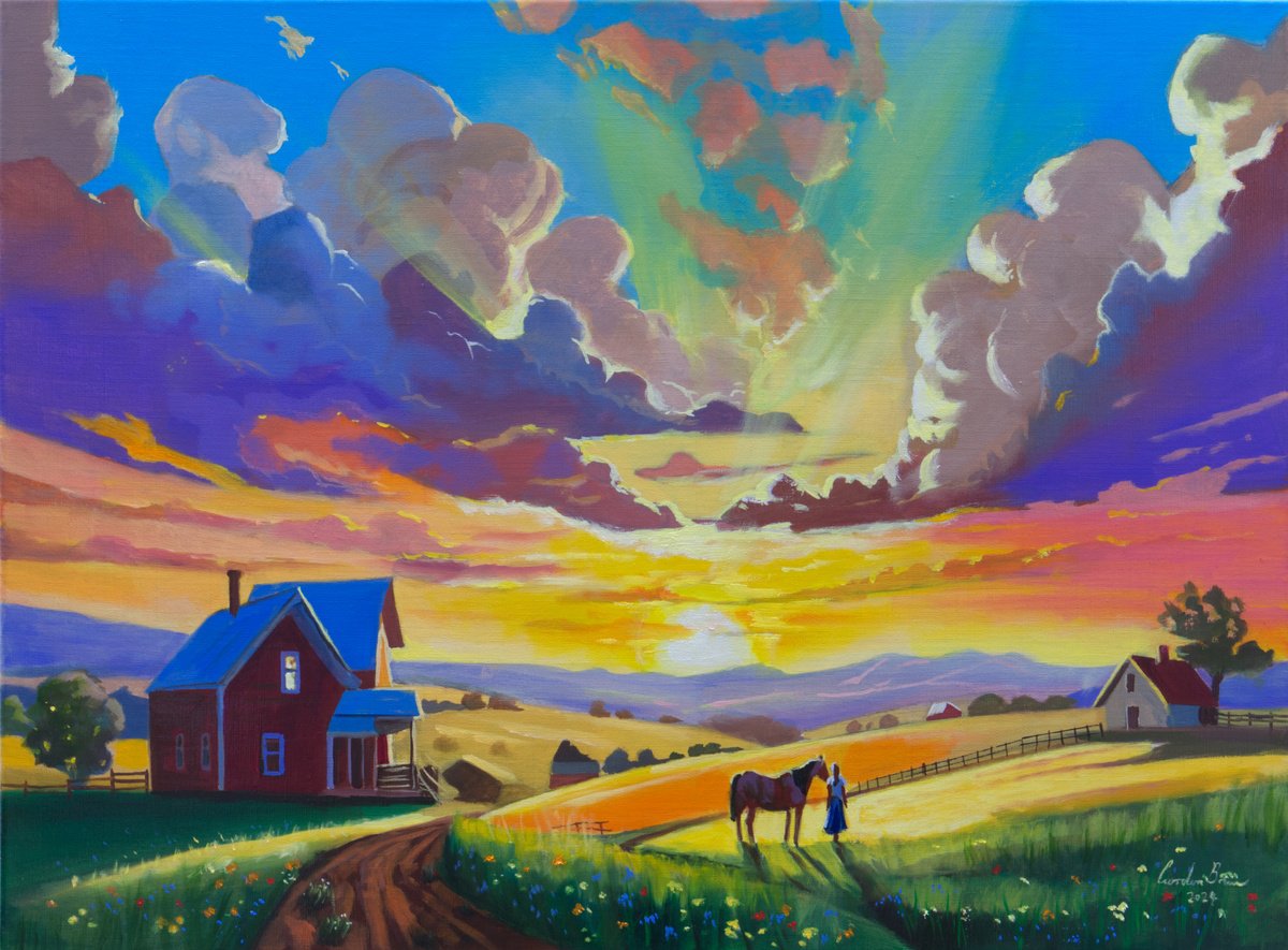Impressionistic Landscape Oil Painting By Gordon Bruce, 24 X 18, Golden Twilight On The Homestead, Original Artwork