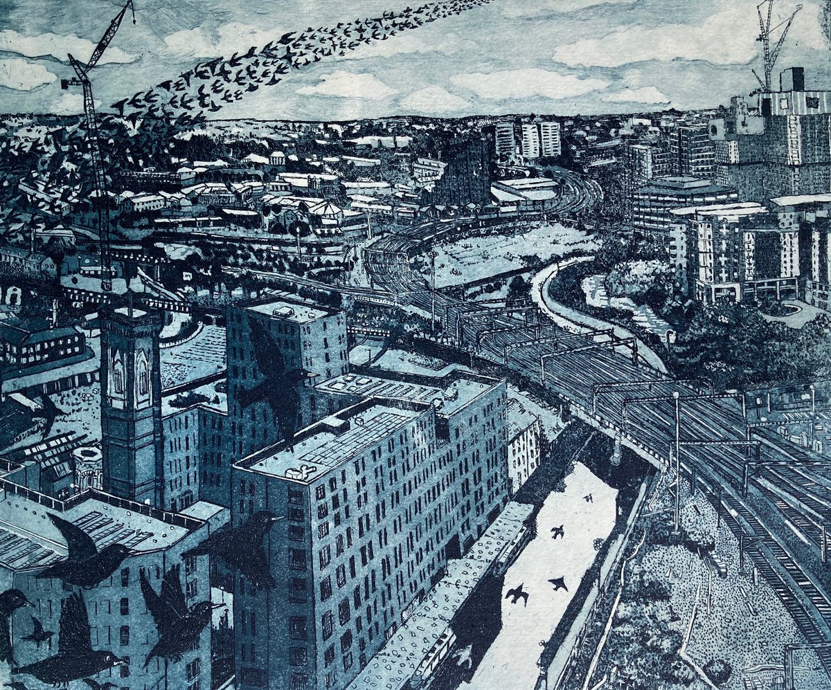 Illustrative Cityscapes Etchings & Engravings By Janis Goodman, 16 X 13, All Change Here, Original Artwork