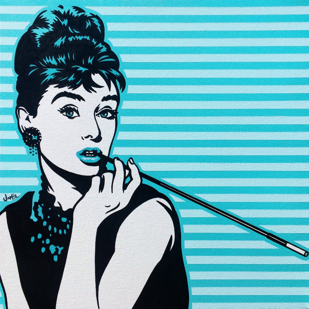 Urban And Pop Portrait Acrylic Painting By Jamie Lee, 20 X 20, Audrey Hepburn On Turquoise, Original Artwork