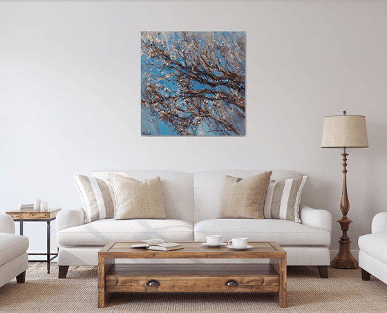 Flowering apricot tree - Original oil painting