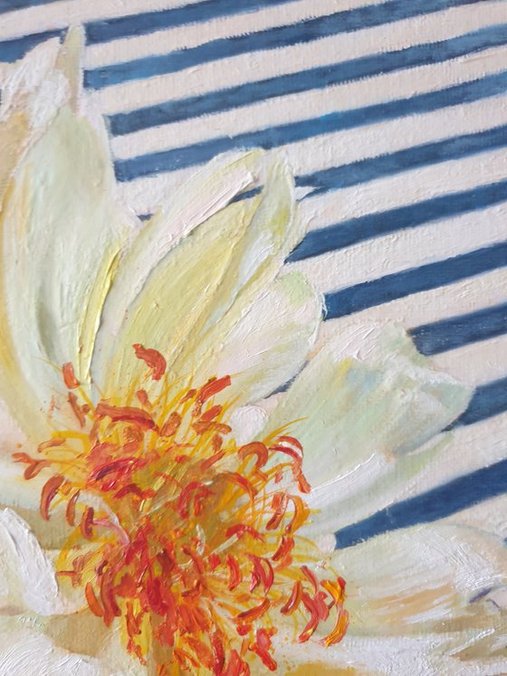 "Chameleon peony in a blue vase." still life peony old vase summer  liGHt original painting  GIFT (2020)