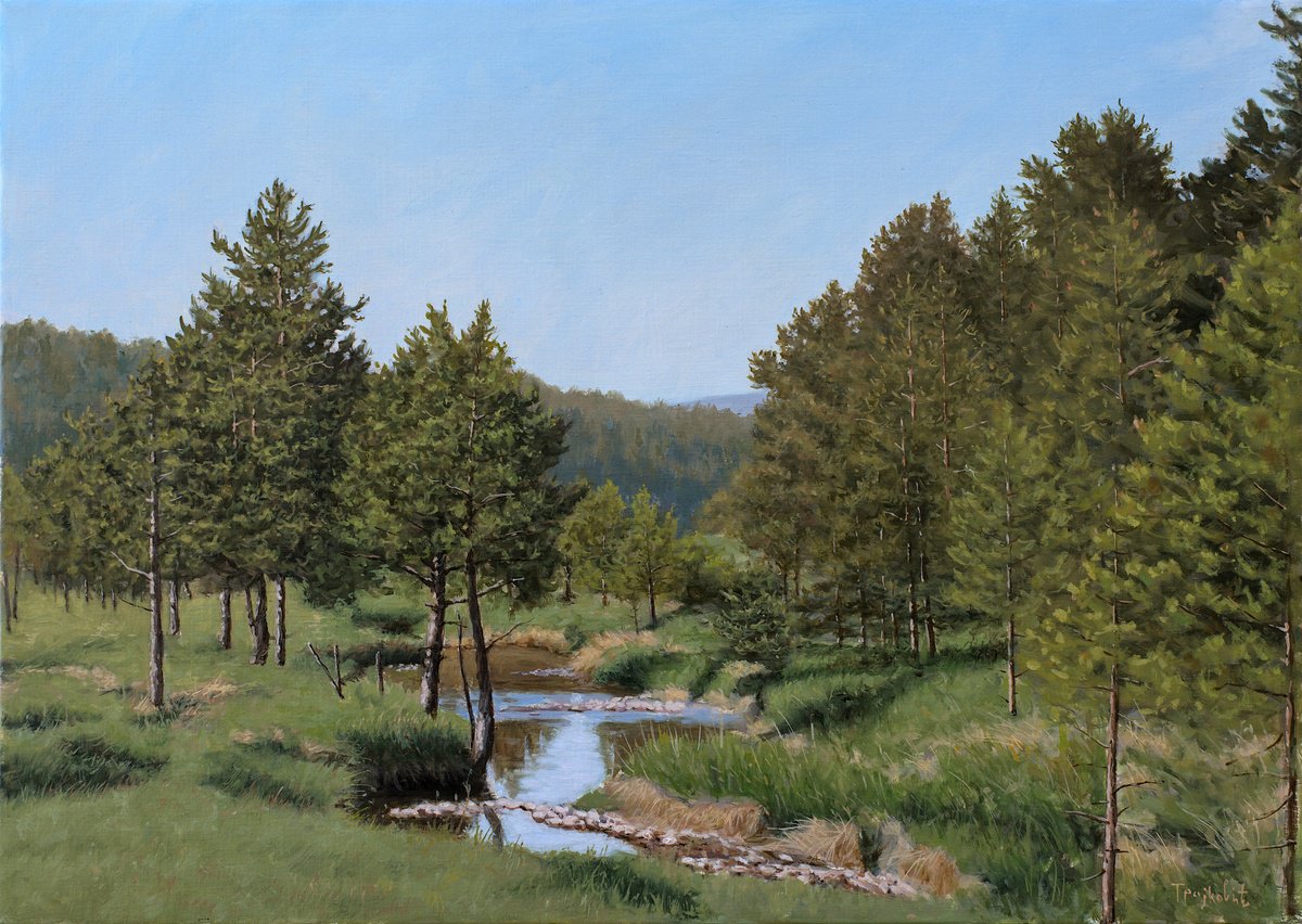 Impressionistic Landscape Oil Painting By Dejan Trajkovic, 33 X 25, Pine Trees And A Mountain Stream, Original Artwork