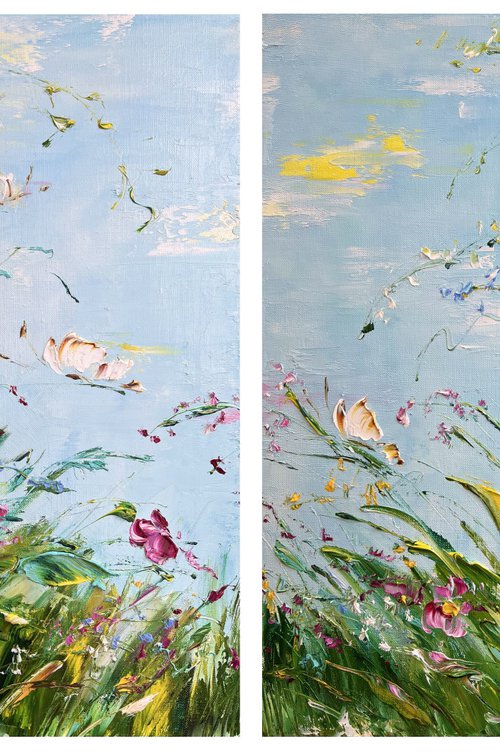 SET FLYING OVER THE MEADOW - Set of 2 gorgeous morning landscapes. Butterflies on a bright juicy meadow. by Marina Skromova