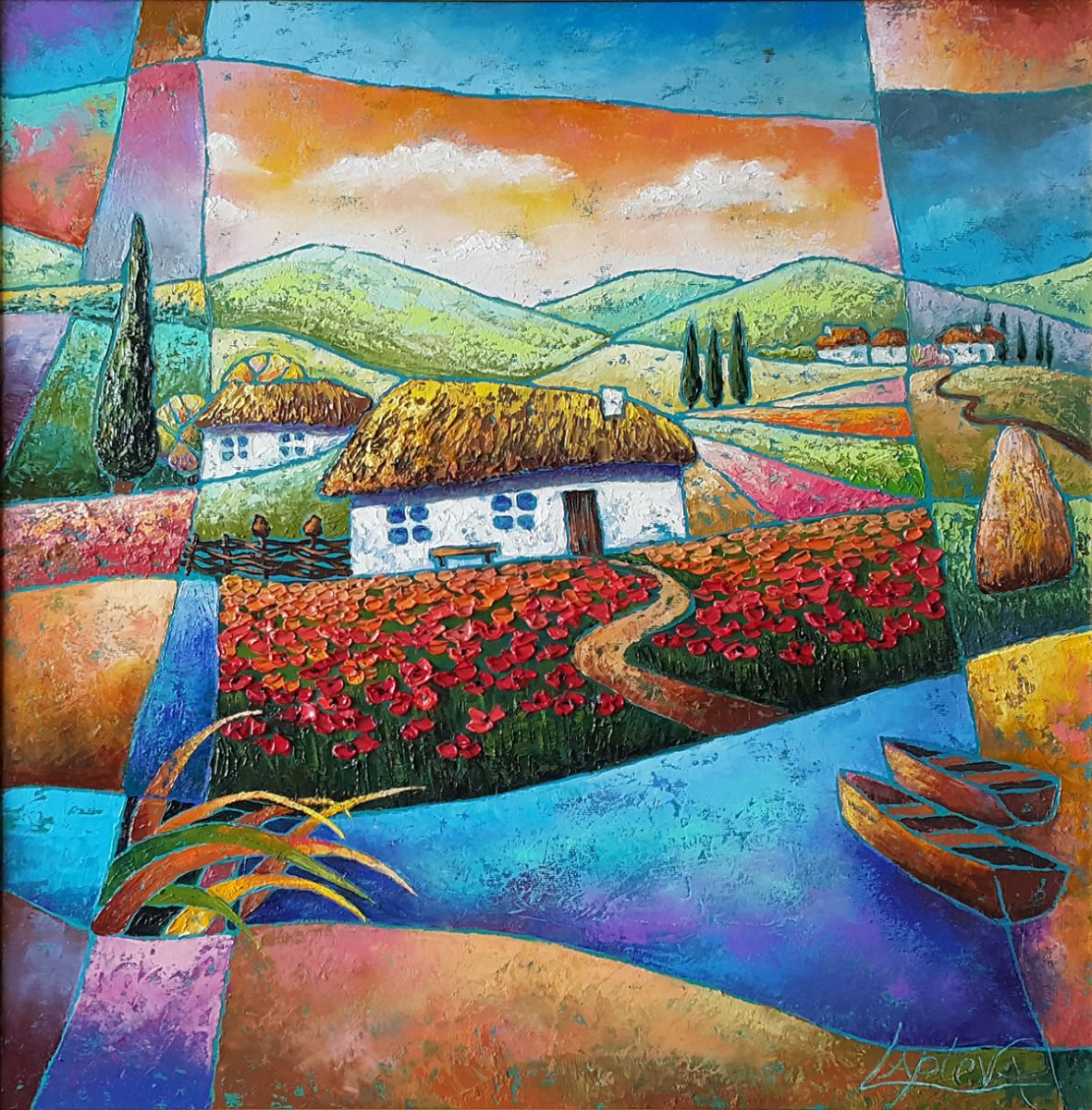 Organic Abstract Oil Painting By Viktoria Lapteva, 23 X 23", Blooming Poppies, Original Artwork