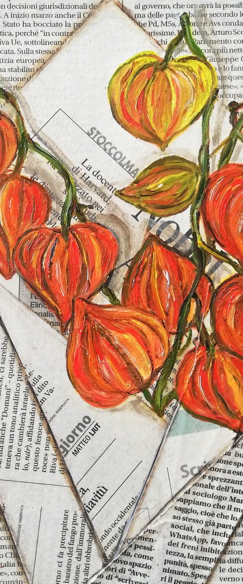 "Physalis Flowers Chinese Lanterns in a Newspaper Bag" Original Oil on Canvas Board Painting 7 by 10 inches (18x24 cm) by Katia Ricci
