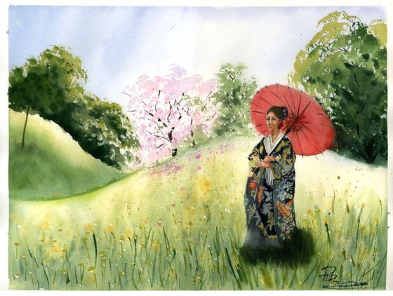 Japanese woman on the meadow