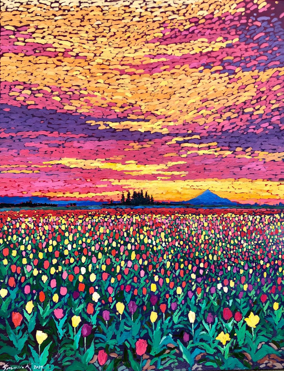 Impressionistic Botanical Oil Painting By Volodymyr Smoliak, 28 X 35", Field With Tulips. Sunset 90-70Cm, Original Artwork