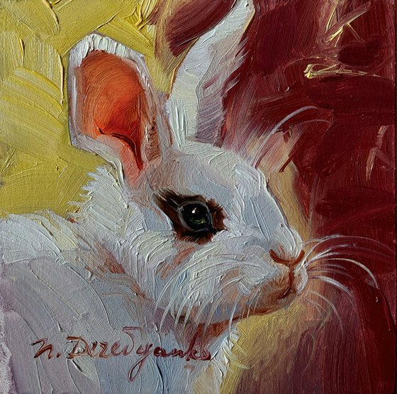 Cute rabbit painting original oil framed 4x4, Small framed art white rabbit black eye artwork yellow background