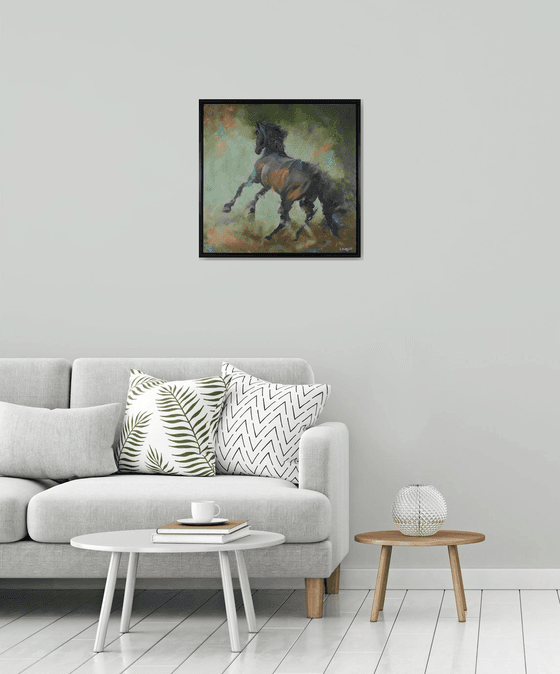 Expressive Horse painting, Framed oil on board, 24" x 24"