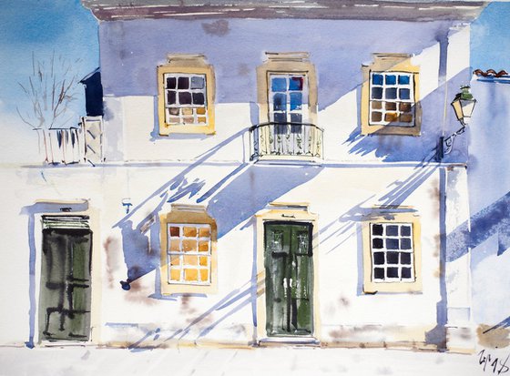 Winter Shadows. Faro, Portugal. Small original painting minimalistic impressionism light shadow interior decor detail summer bright white