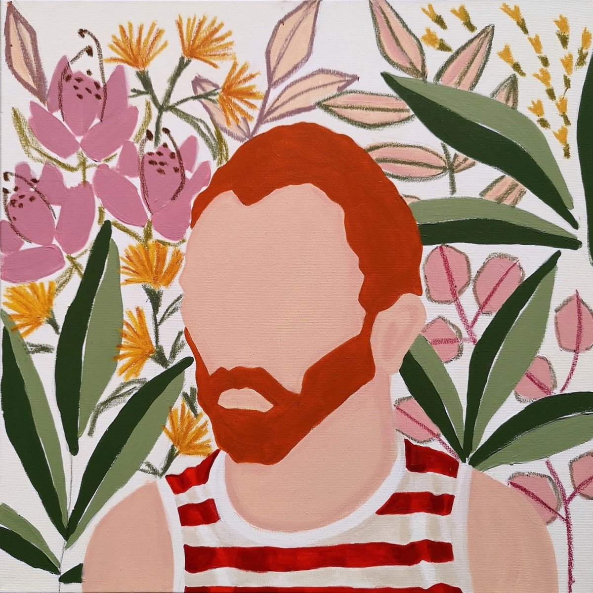 Urban And Pop Portrait Painting By Marisa Anon, 20 X 20", Van Gogh Red Stripes & Garden, Original Artwork