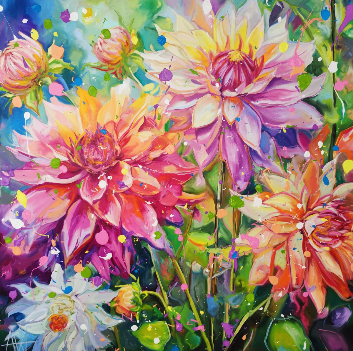 Impressionistic Botanical Oil Painting By Angie Wright, 47 X 47, Kaleidoscope Blooms, Original Artwork