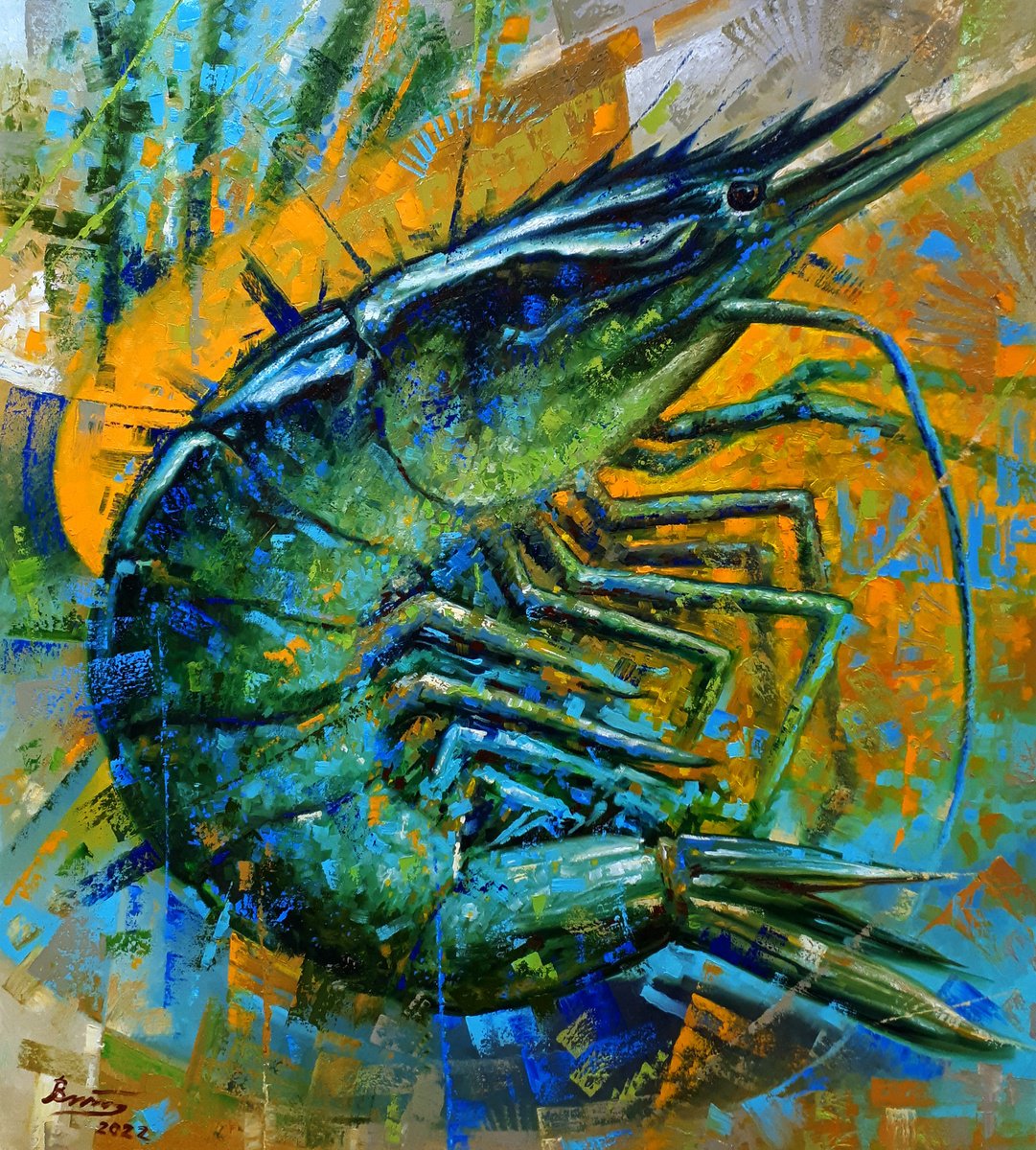 Impressionistic Animal Oil Painting By Serhii Voichenko, 31 X 35", Shrimp, Original Artwork