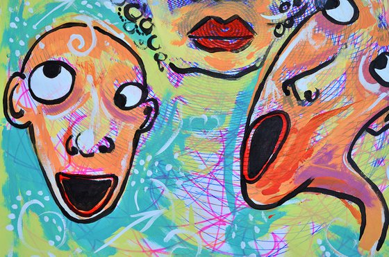 happy three friends - Vibrations Mixed Media Original Modern Art Painting