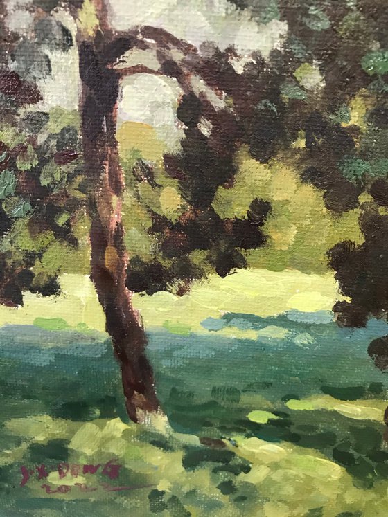 Original Oil Painting Wall Art Signed unframed Hand Made Jixiang Dong Canvas 25cm × 20cm Sunshine in the Woods landscape Small Impressionism Impasto