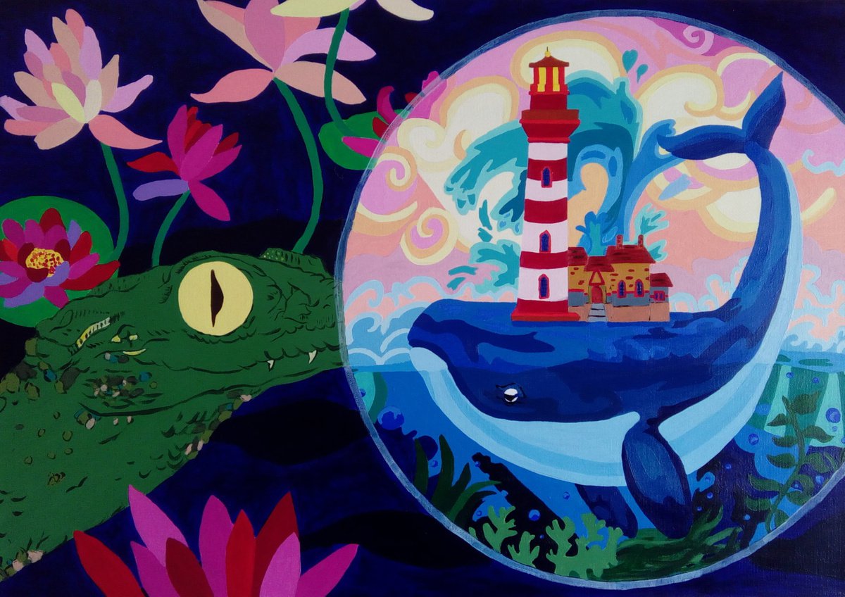 Naive Animal Acrylic Painting By Corinne Hamer, 23 X 17, Having A Whale Of A Time, Original Artwork